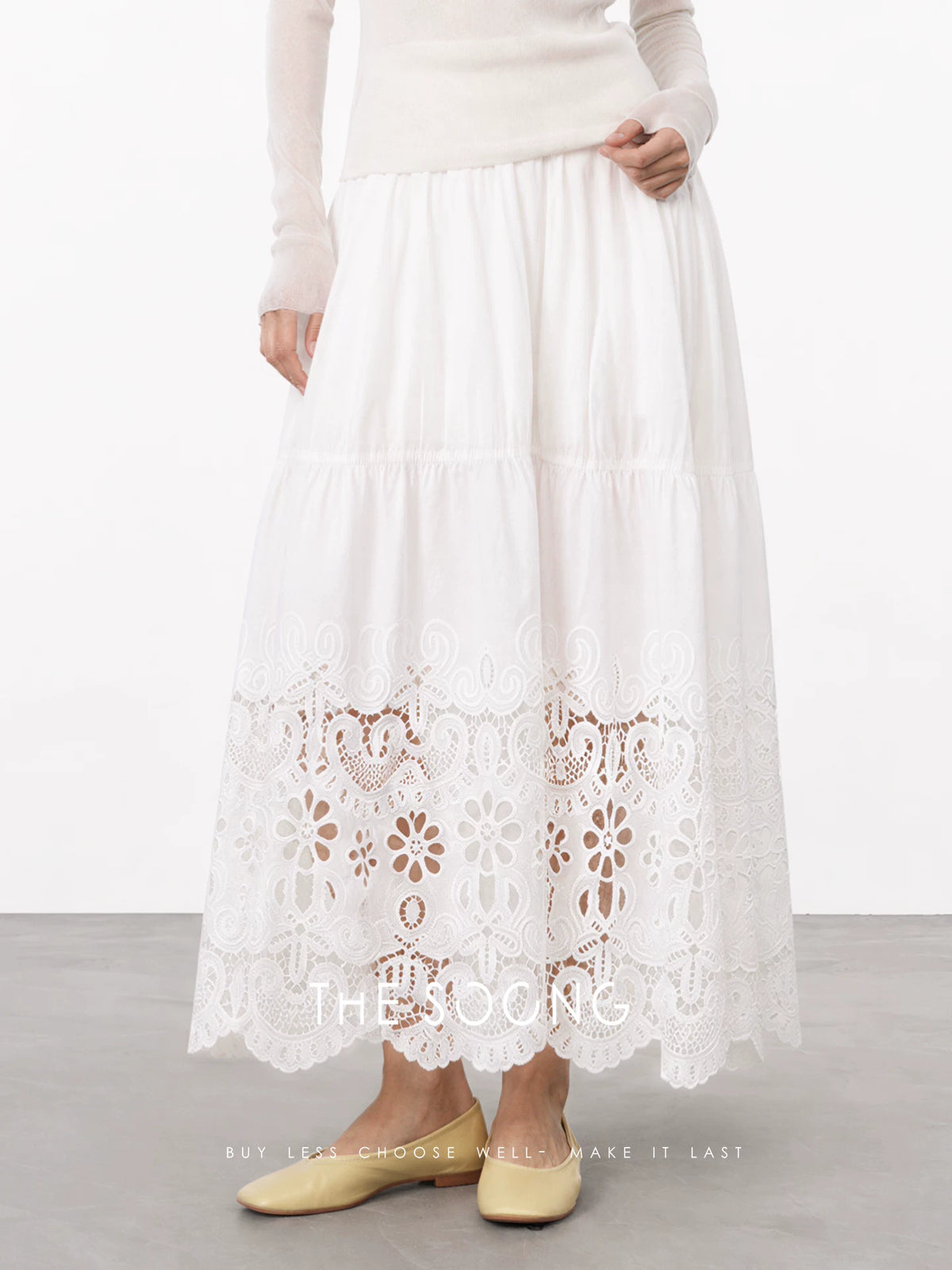 THESOONG/White ramie cotton water-soluble hollow-out embroidered midi skirt for women, high-waisted slimming A-line long skirt 9414