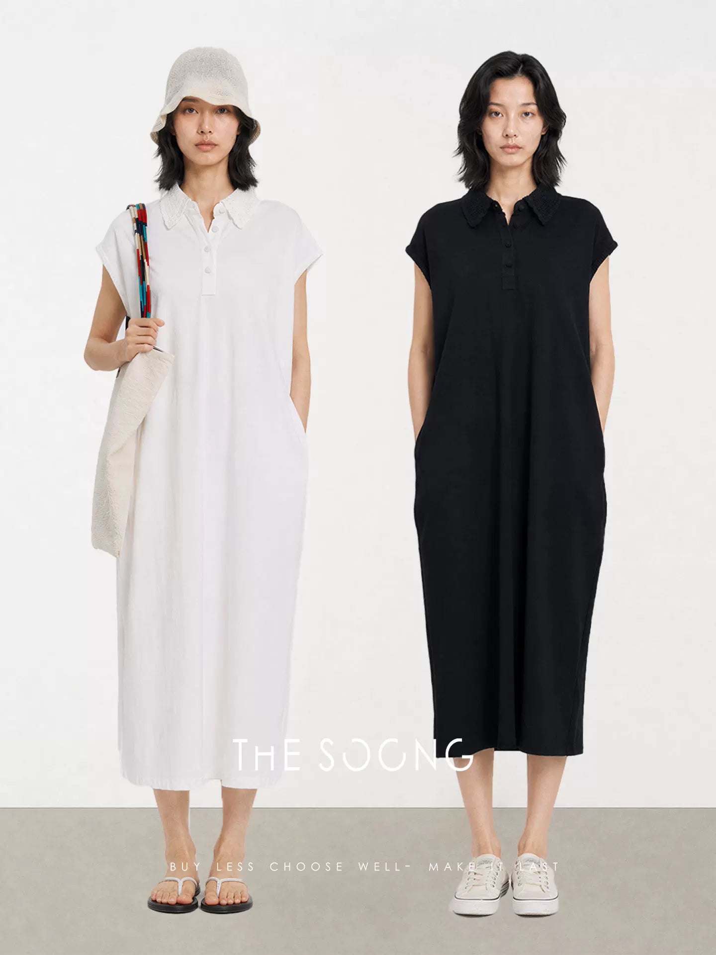 THESOONG/270g Pure Cotton Crochet Polo Collar Simple Dress for Women, Straight Loose Slim Fit HWQZ9330