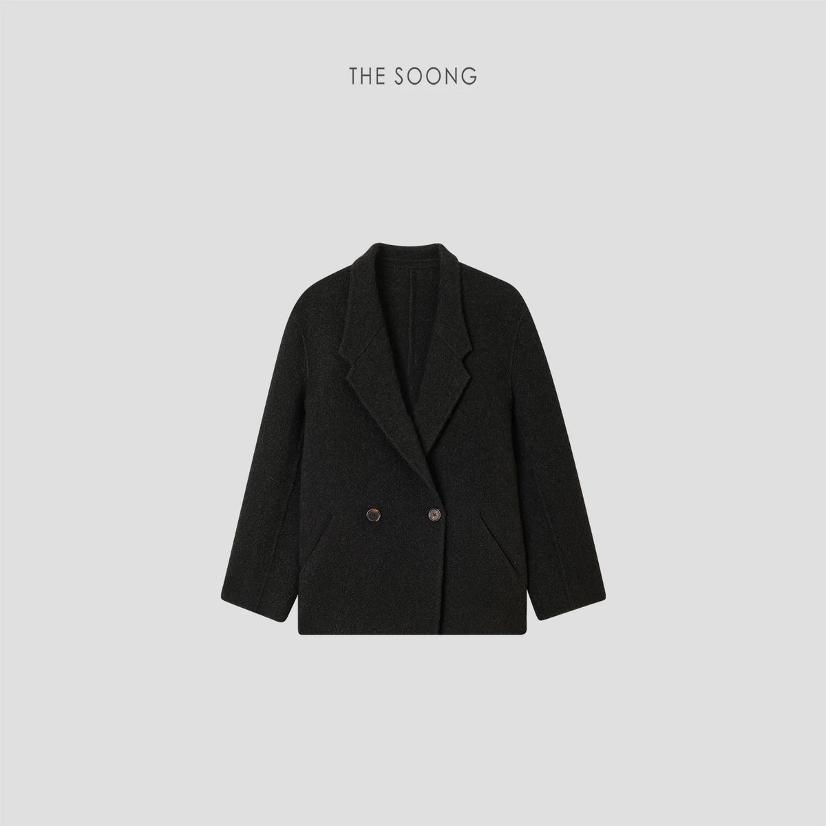 THESOONG/Autumn/Winter Black Wool Coat Women's Loose Thickened Warm Reversible Tweed Suit Jacket 7651