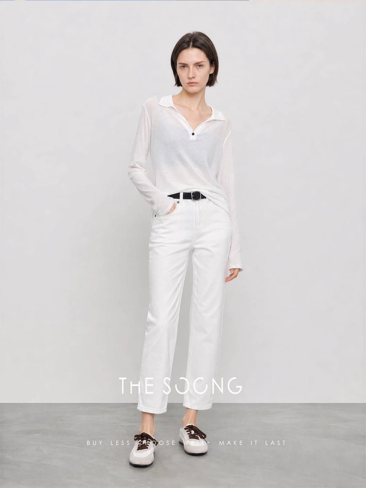 THESOONG/Anti-yellow White Jeans Women Straight-cut Nine-point Pants Breathable Slightly Stretch Slim Little White Pants 6364