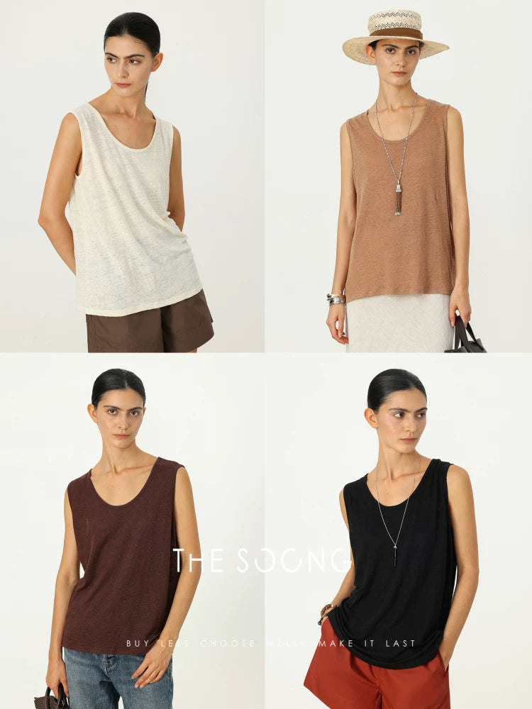 THESOONG/Foggy Light Gauze Summer Pure Linen Lightweight Breathable Texture U-Neck Thin Women's Vest 6826