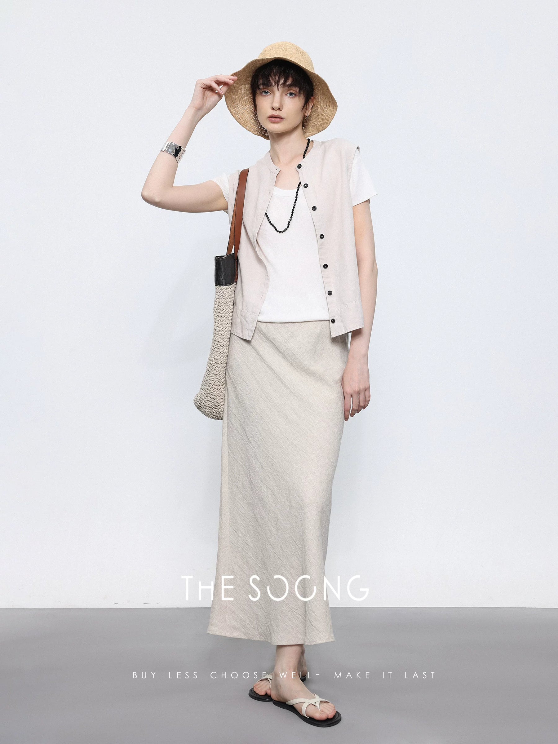 THESOONG / High-End Hemp Fabric Washed Soft Thin Vest Outerwear Layering Cardigan Vest