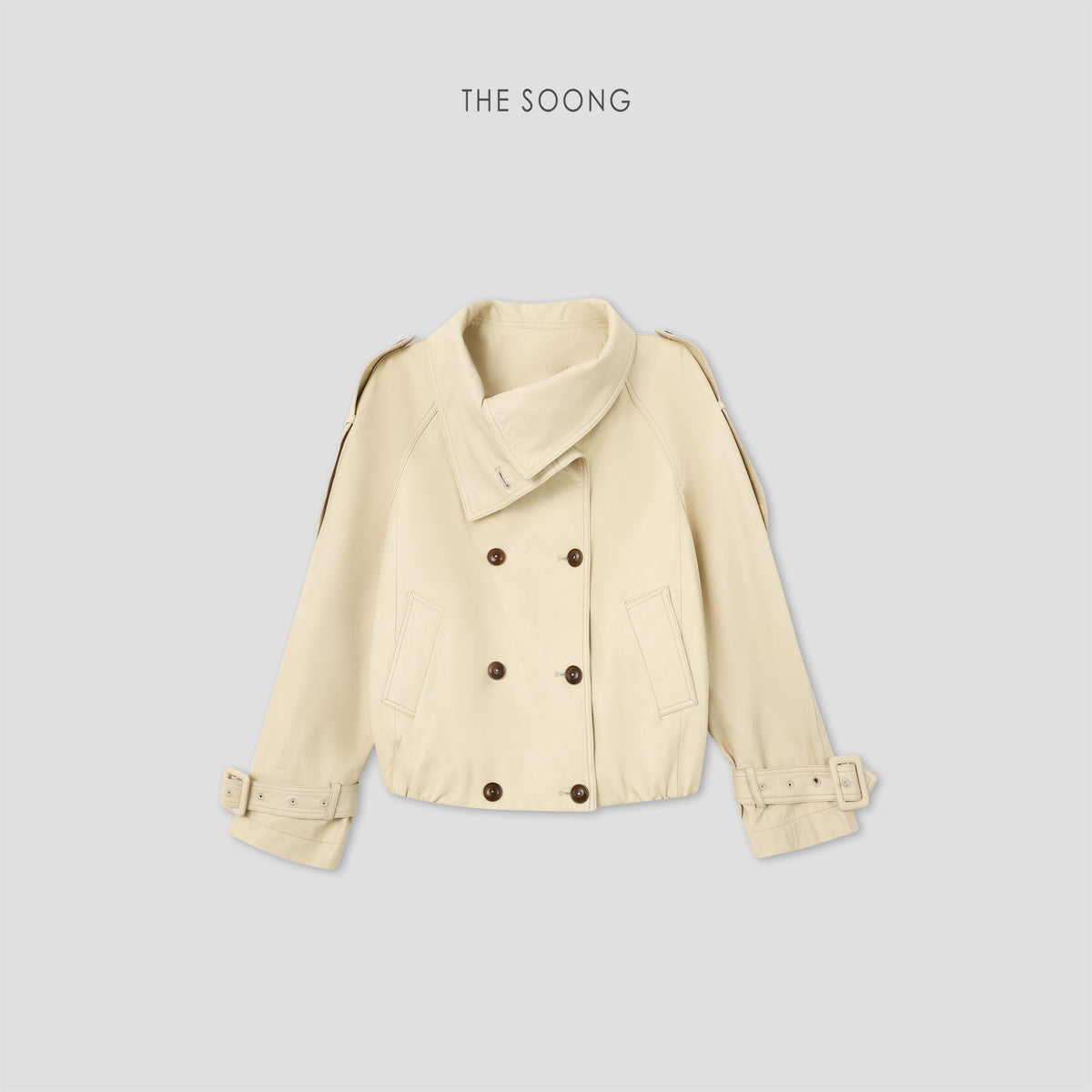 THESOONG/Leather Trench Coat Spanish Imported First Layer Vegetable-Tanned Lambskin Short Double-Breasted Leather Jacket, Women 9005