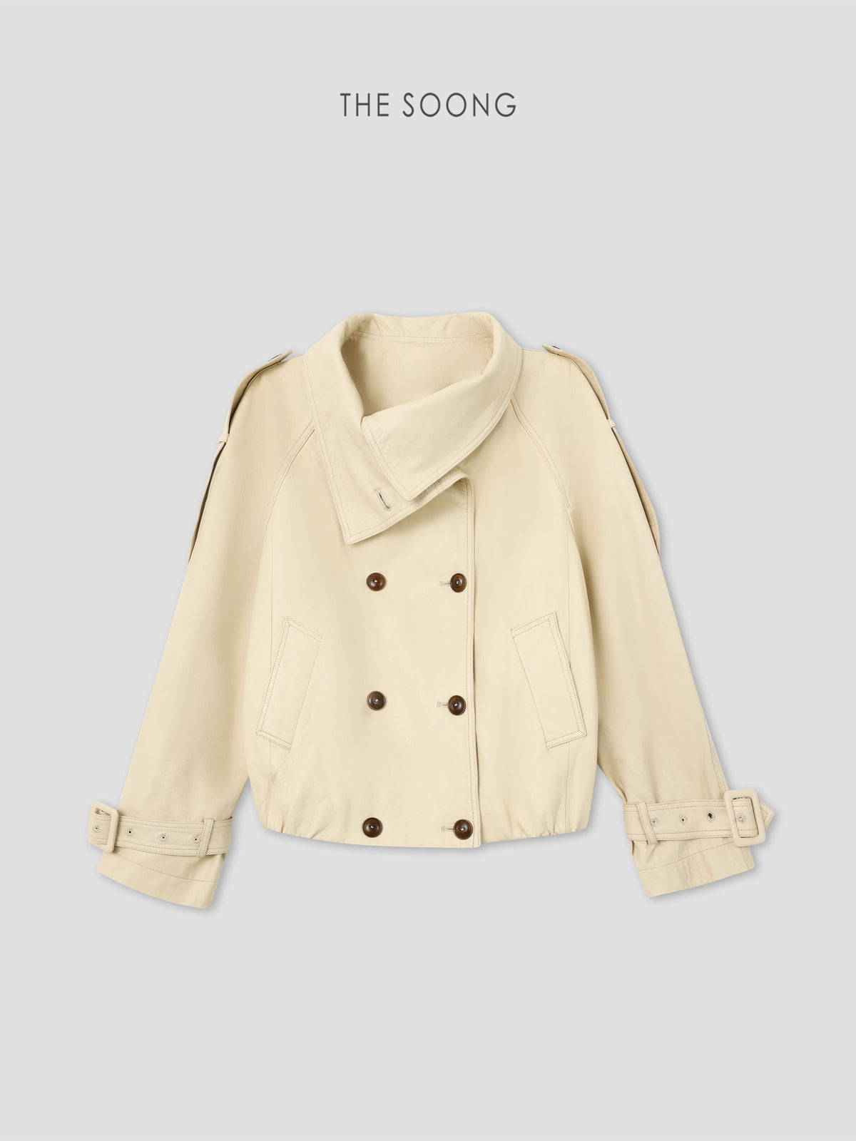 THESOONG/Leather Trench Coat Spanish Imported First Layer Vegetable-Tanned Lambskin Short Double-Breasted Leather Jacket, Women 9005