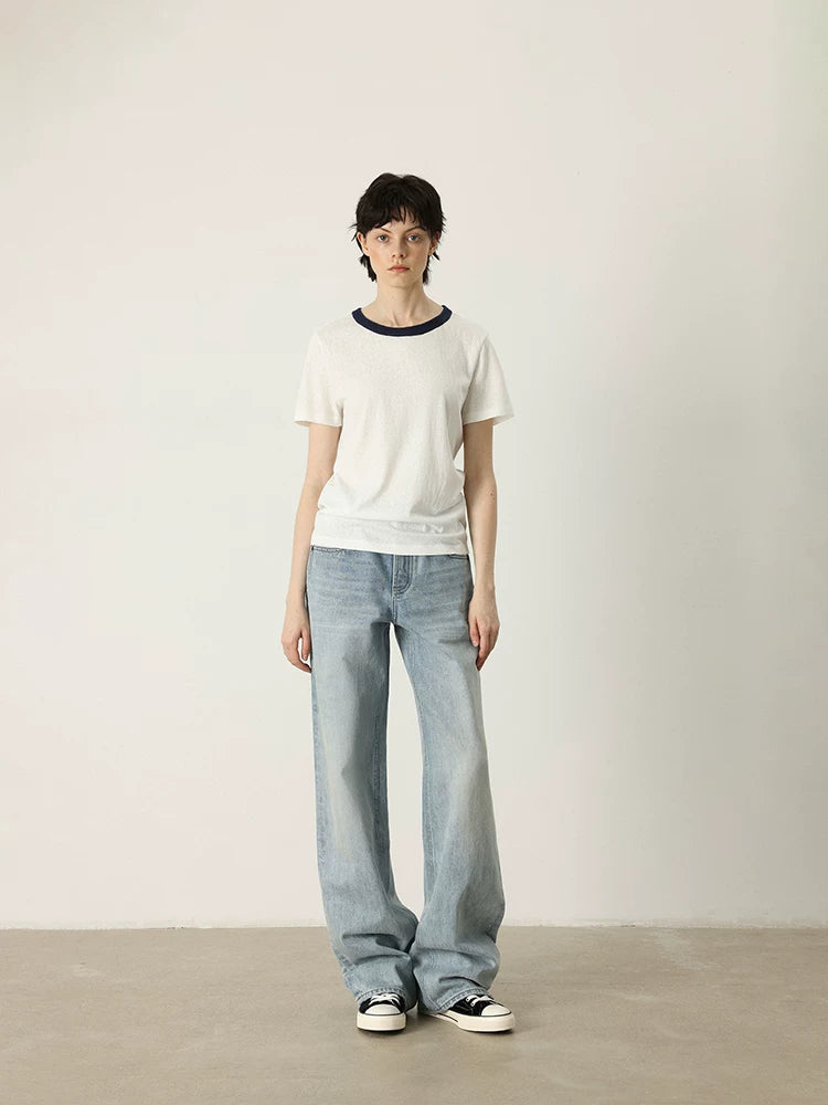 THESOONG/Straight-Leg Jeans Women New Light Blue 14.9oz Rigid Washed Wrinkle Long Pants 6940