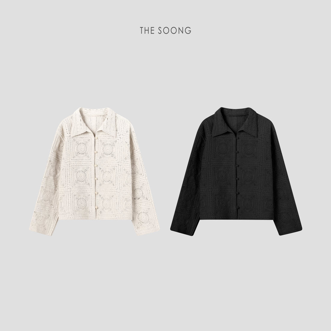 THESOONG / Fibobo Art 100% Cotton Heavy-duty Crochet Relief Artistic Lapel Jacket 6585