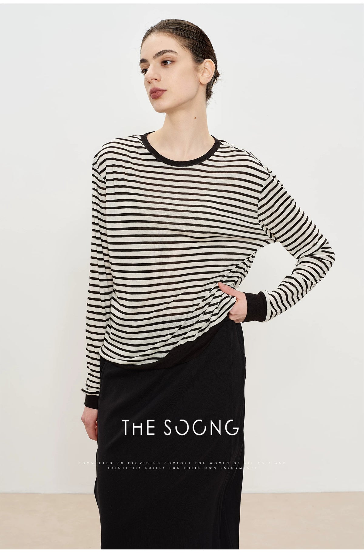 THESOONG/Line Aesthetics Zebra Stripe High-Weave Tencel Wool Summer Thin Long Sleeve Round Neck T-Shirt 2946
