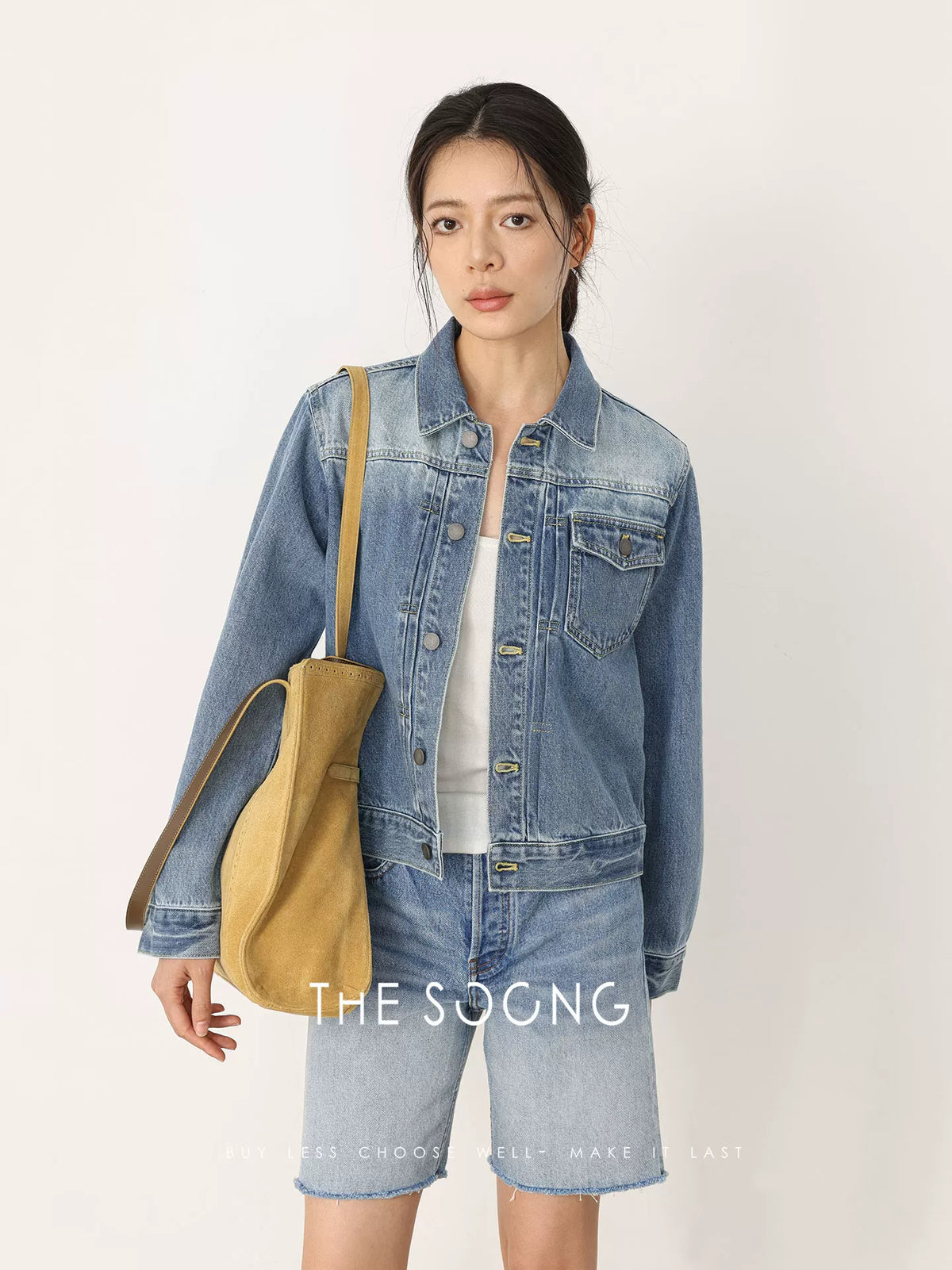 THESOONG/Vintage Washed Blue Denim Jacket for Women, Short Lapel Single-Breasted Casual Jacket HBWT7357