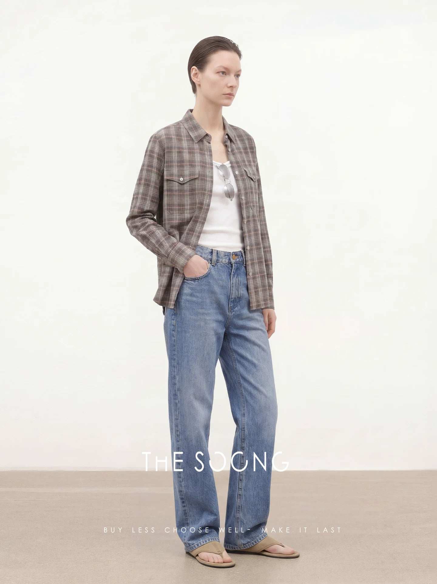 THESOONG/Plaid Order Double-Patch Pocket Long-sleeve Shirt for Women, Plaid Shirt, Summer 7682