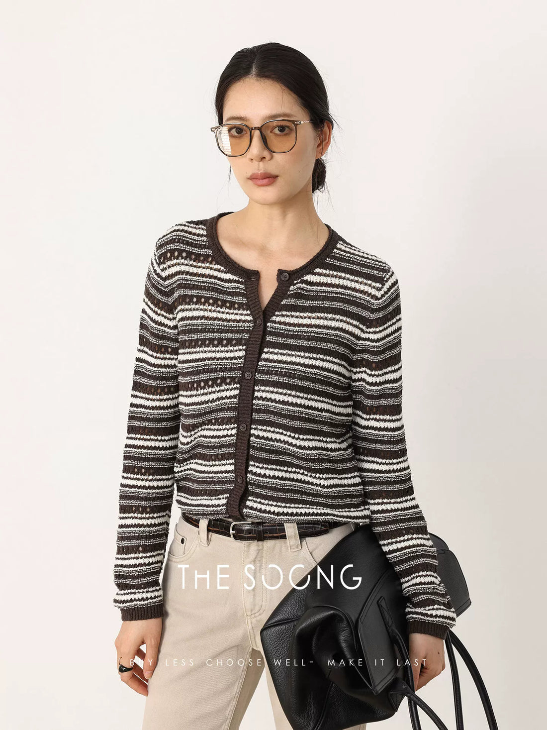 THESOONG/Spring New V-Neck Knitted Stripe Shirt Casual Loose Cardigan Jacket HWMY7645