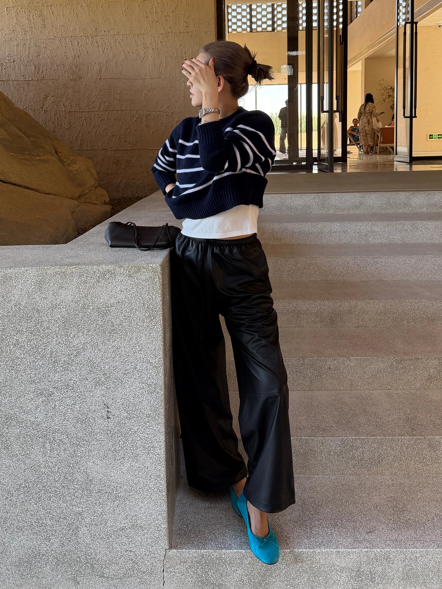 THESOONG/ Soft Leather Pants 100% Sheepskin Craftsmanship Simple Tanned Textured Elastic Drawstring Leather Pants 9301