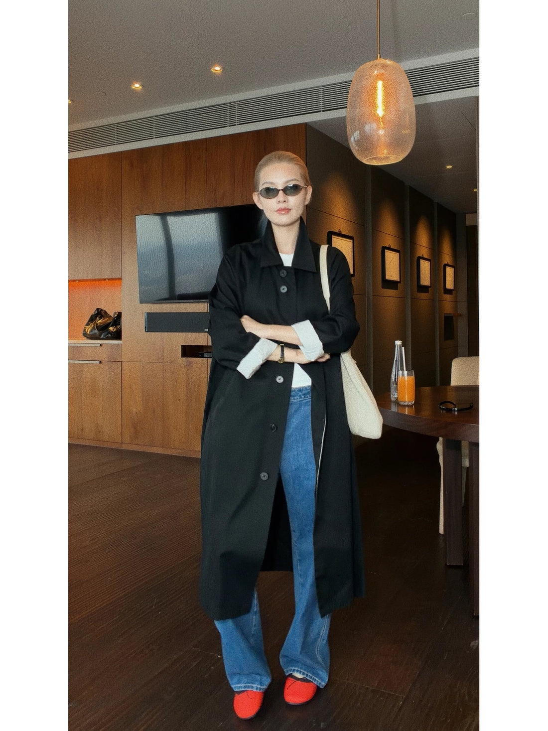 THESOONG/airport trench coat, heavily washed and softened twill pure cotton black autumn winter new trench coat for women