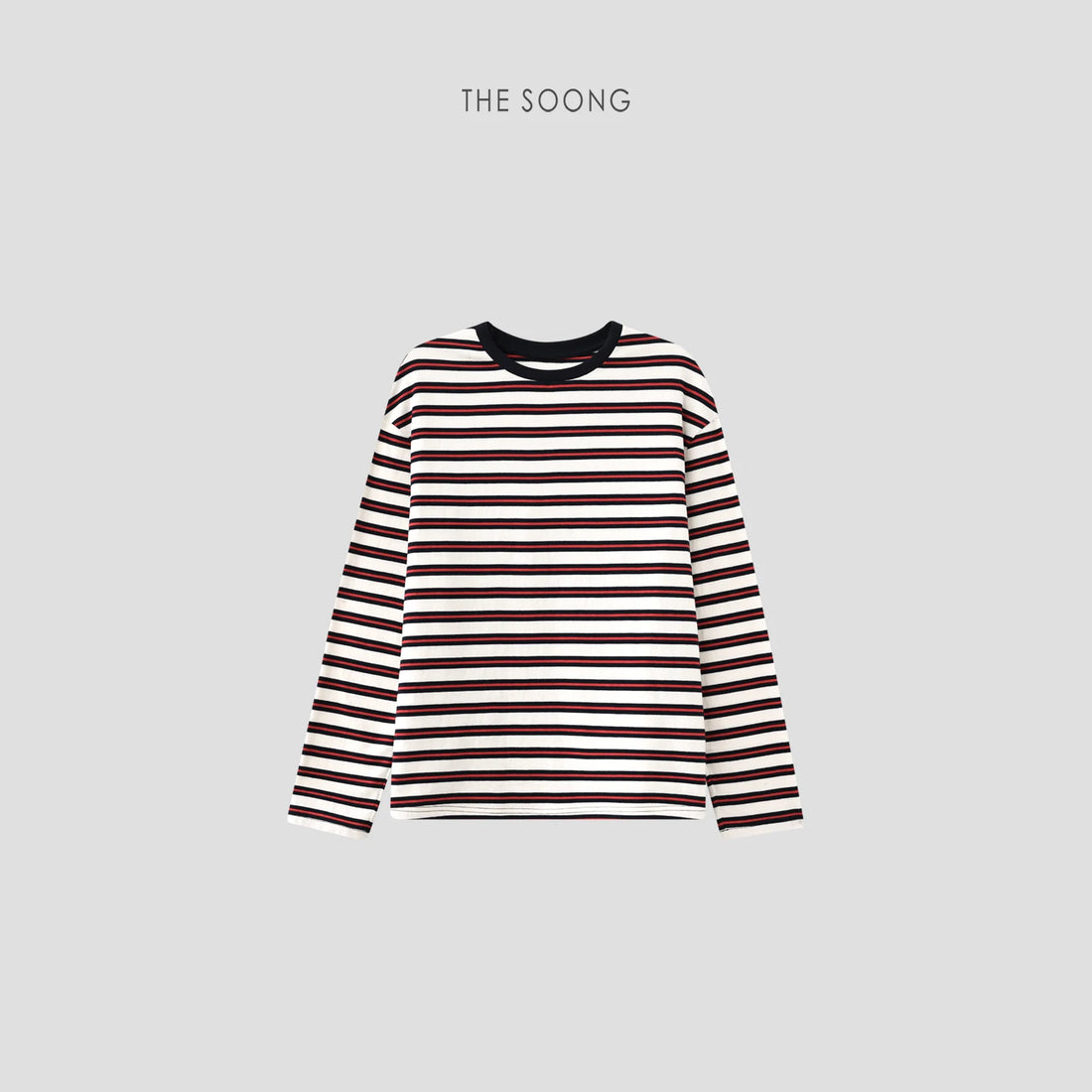 THESOONG/Relaxed Quiet Enjoyment 100% Cotton 0.6 Double-Line Three-Color Interwoven Stripe Crew Neck Long Sleeve T-Shirt Top 7004