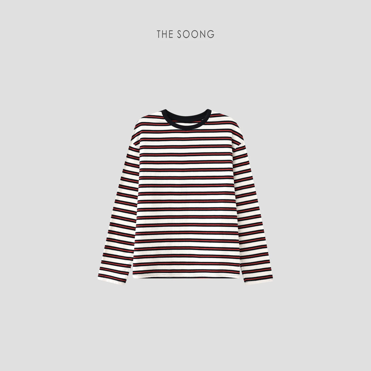 THESOONG/Relaxed Quiet Enjoyment 100% Cotton 0.6 Double-Line Three-Color Interwoven Stripe Crew Neck Long Sleeve T-Shirt Top 7004