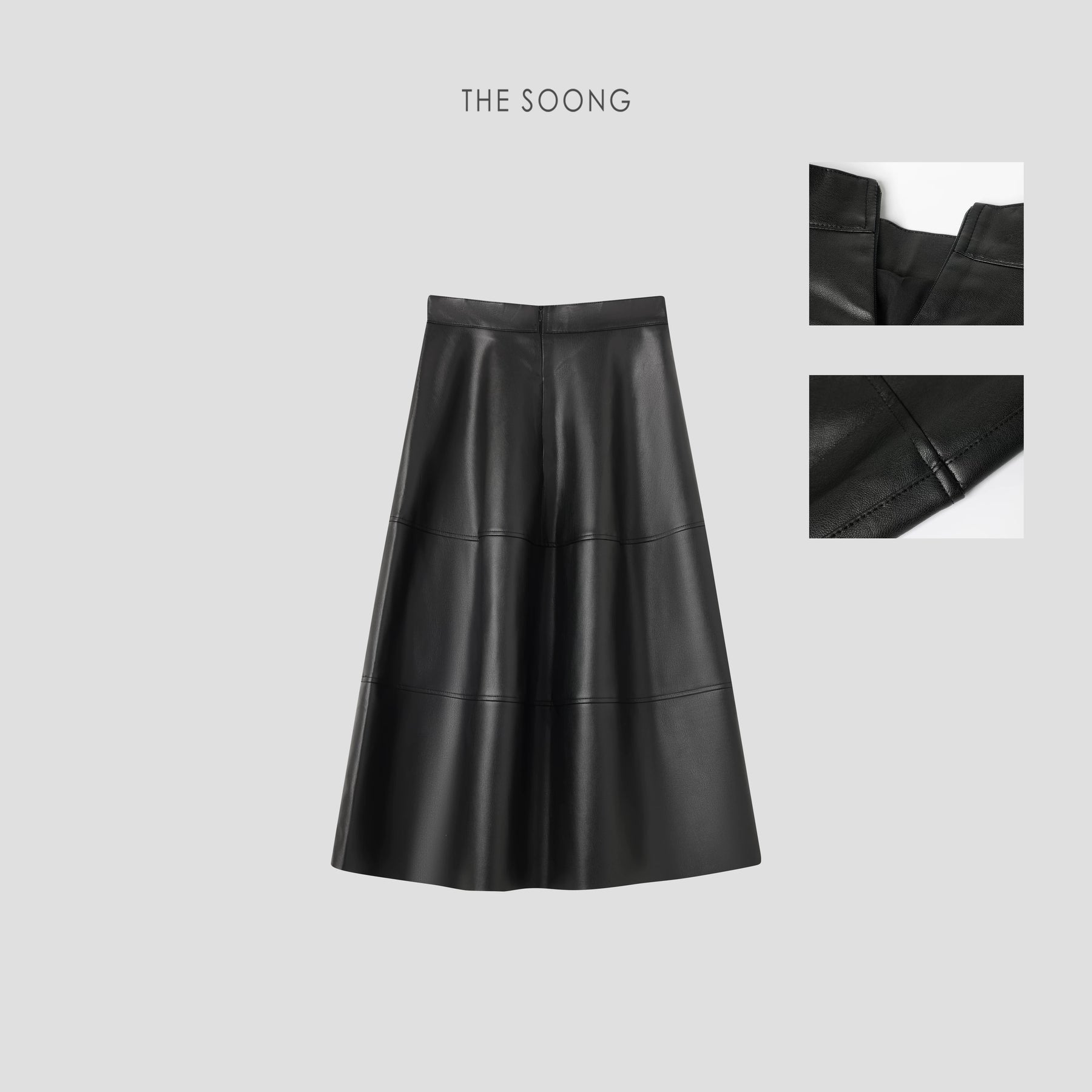 THESOONG/Ideal Skirt Black Spliced Tailored A-Line Half Skirt Women High-Waist Slimming PU Long Skirt 6697
