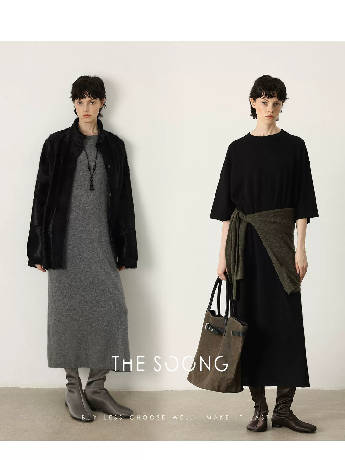 THESOONG/Sheepskin Three-quarter Sleeve Minimalist Lazy Stylish Structured T-Shirt Dress Mid-Length Loose 7510