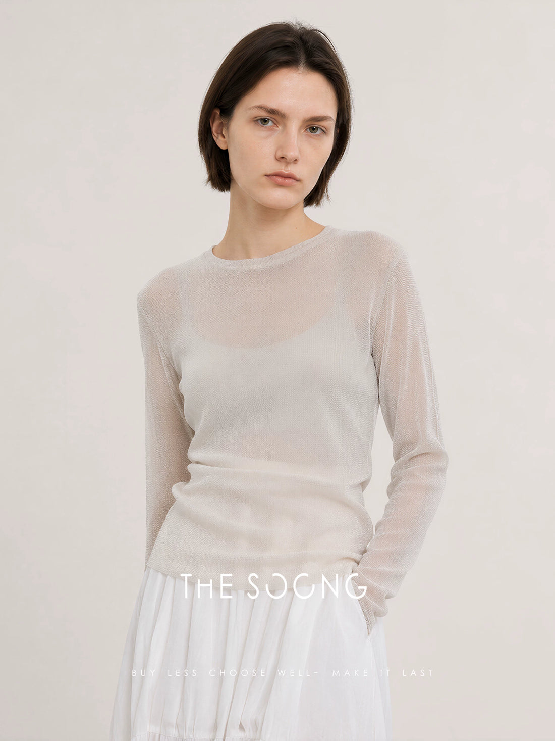 THESOONG/Sparkling Shirt Craft Dense Stitching 12-Needle Silver Thread Blend Stretch Round Neck Long Sleeve Base Shirt 8706