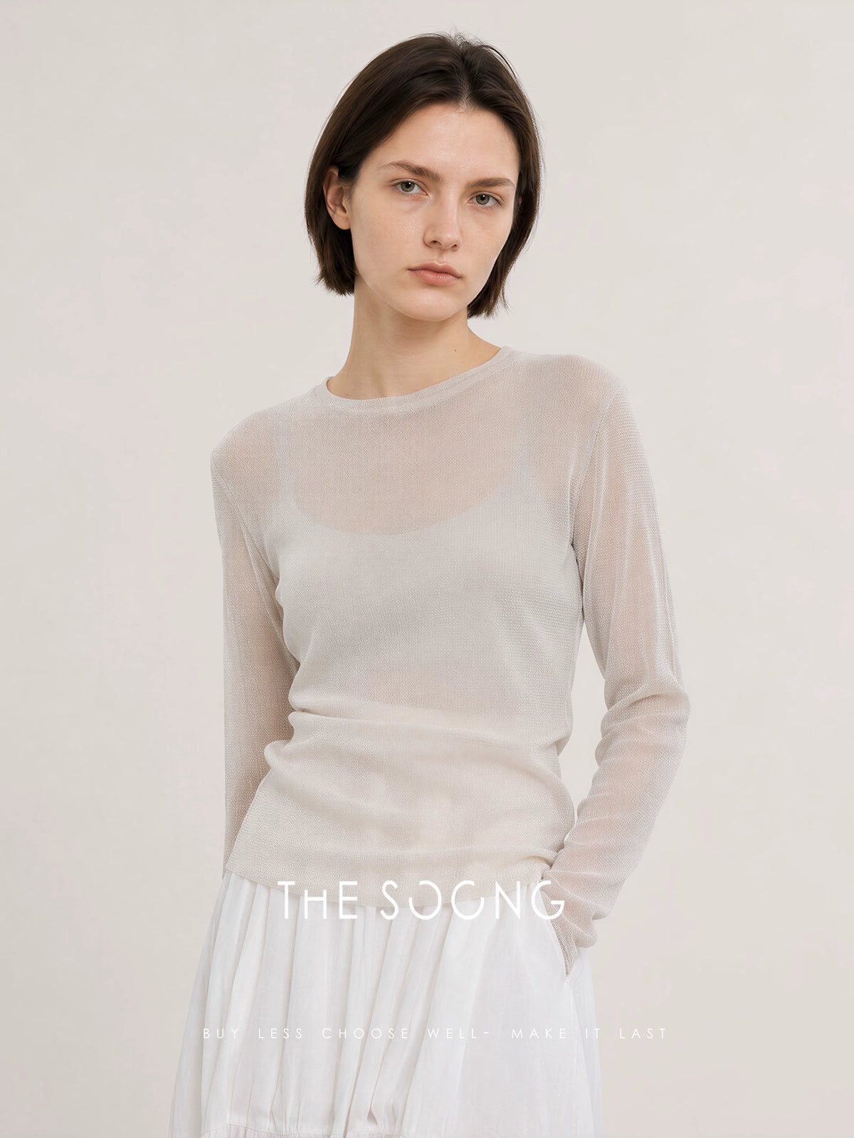 THESOONG/Sparkling Shirt Craft Dense Stitching 12-Needle Silver Thread Blend Stretch Round Neck Long Sleeve Base Shirt 8706