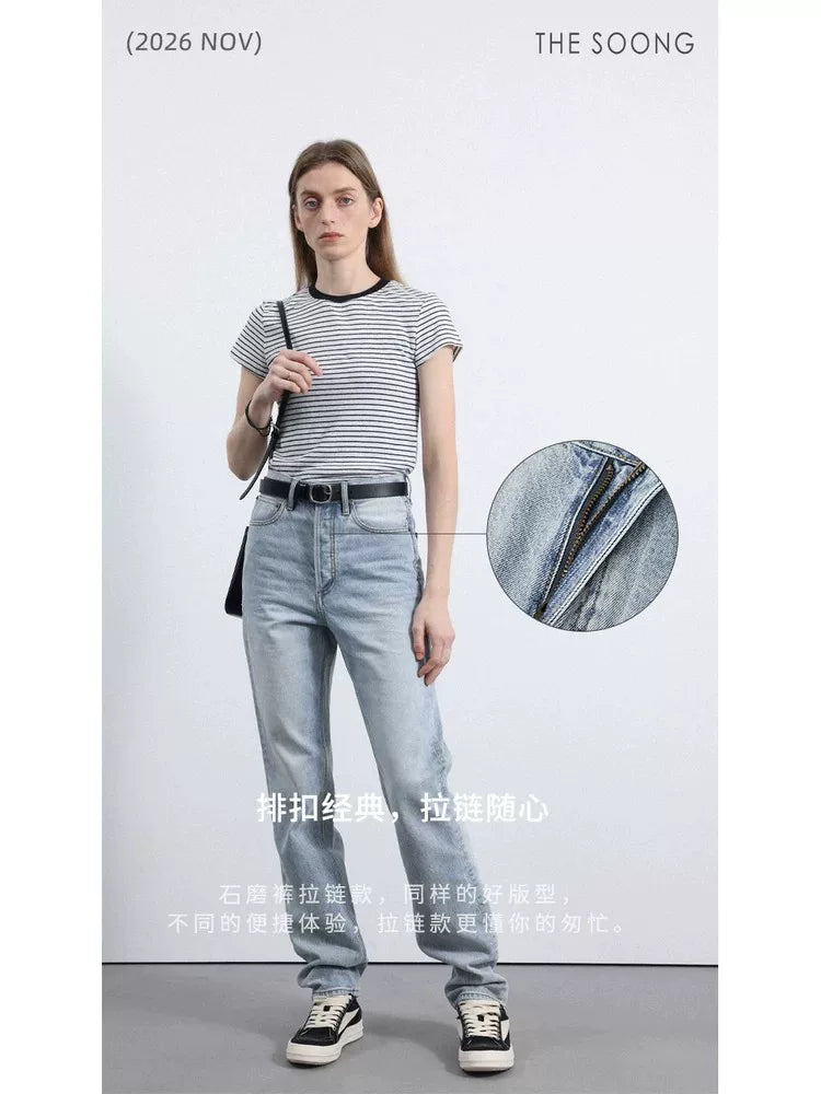 THESOONG / Classic Stonewashed Pants Retro Light Blue High-Waist Straight Slim Autumn Women’s Jeans