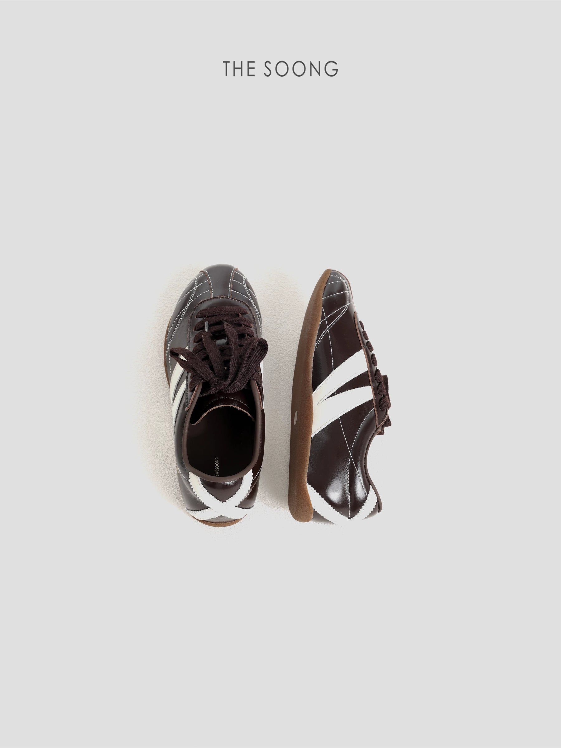 THESOONG/Mocha brown tone shiny soft leather stitched partition retro Derby flat shoes 9398