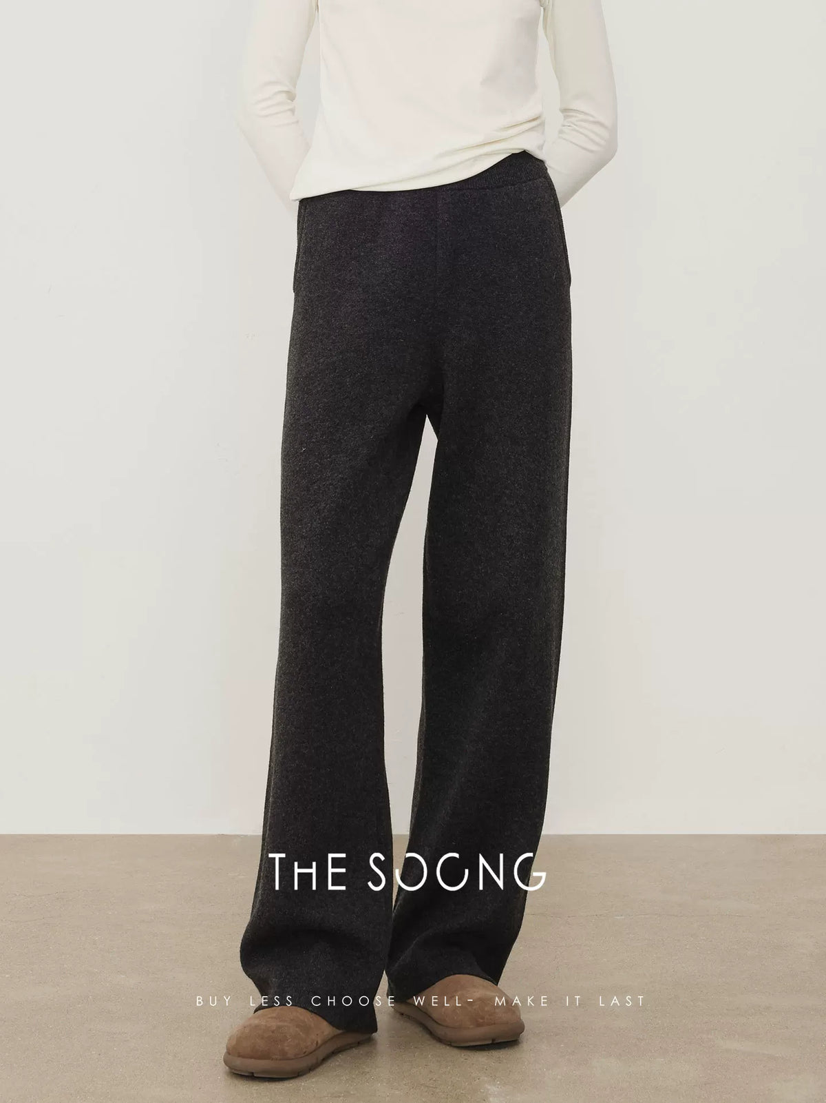 THESOONG/Flattering Woolen Pants Merino Wool Warm Matte Texture Elastic Mid-Waist Casual Pants for Women 8272
