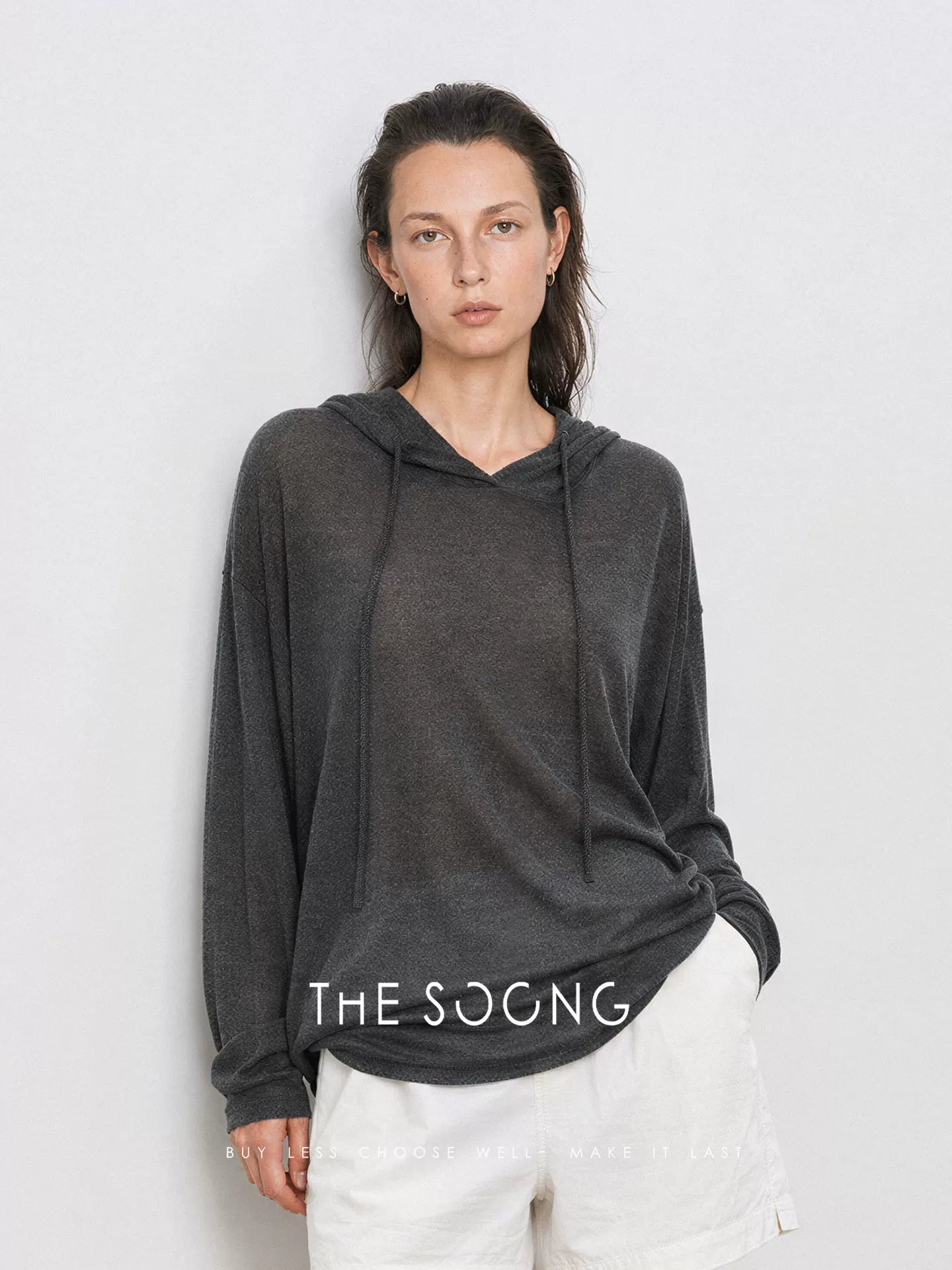THESOONG/Relaxed Commuting Delicate Slightly Transparent Texture Loose Drop Shoulder Drawstring Slim Hooded Knitwear 9161