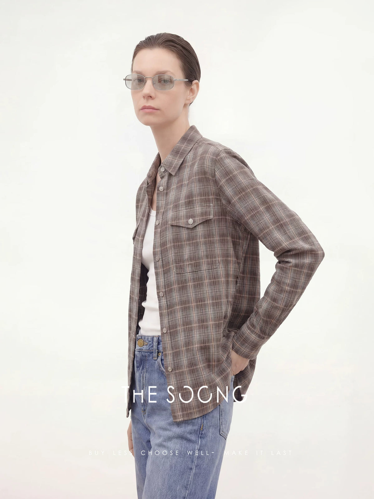 THESOONG/Plaid Order Double-Patch Pocket Long-sleeve Shirt for Women, Plaid Shirt, Summer 7682