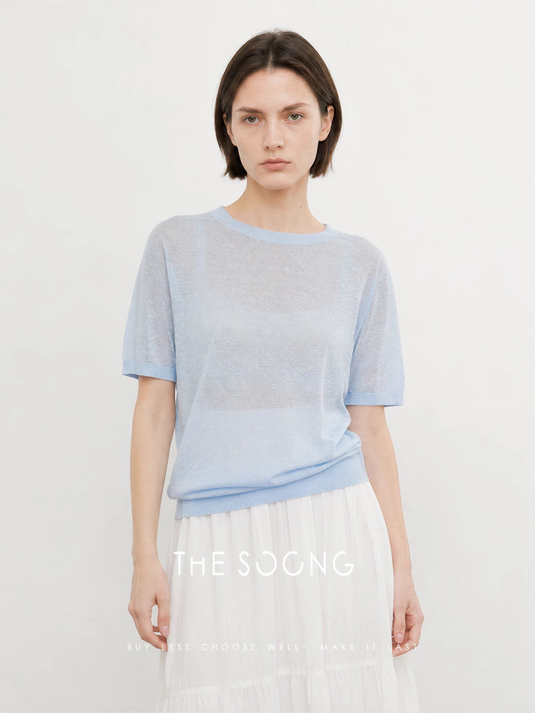 THESOONG/15-gauge high-density woven linen-cotton blend machine washable short-sleeve knit top for women, thin summer style 9405
