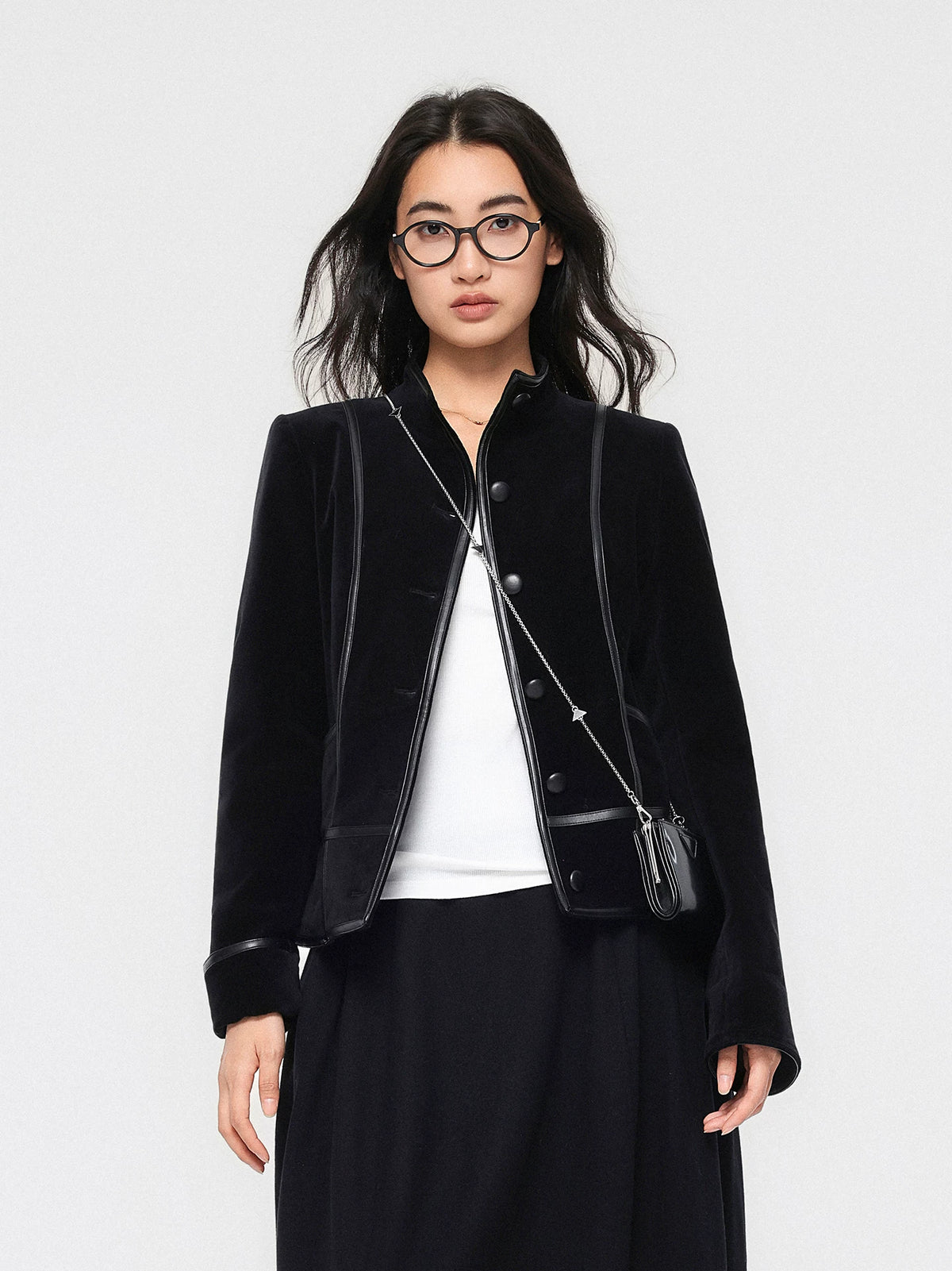 THESOONG/Autumn/Winter Women's Vintage Split-Line Slim Short Shoulder Stand Collar Velvet Cotton Jacket 7774