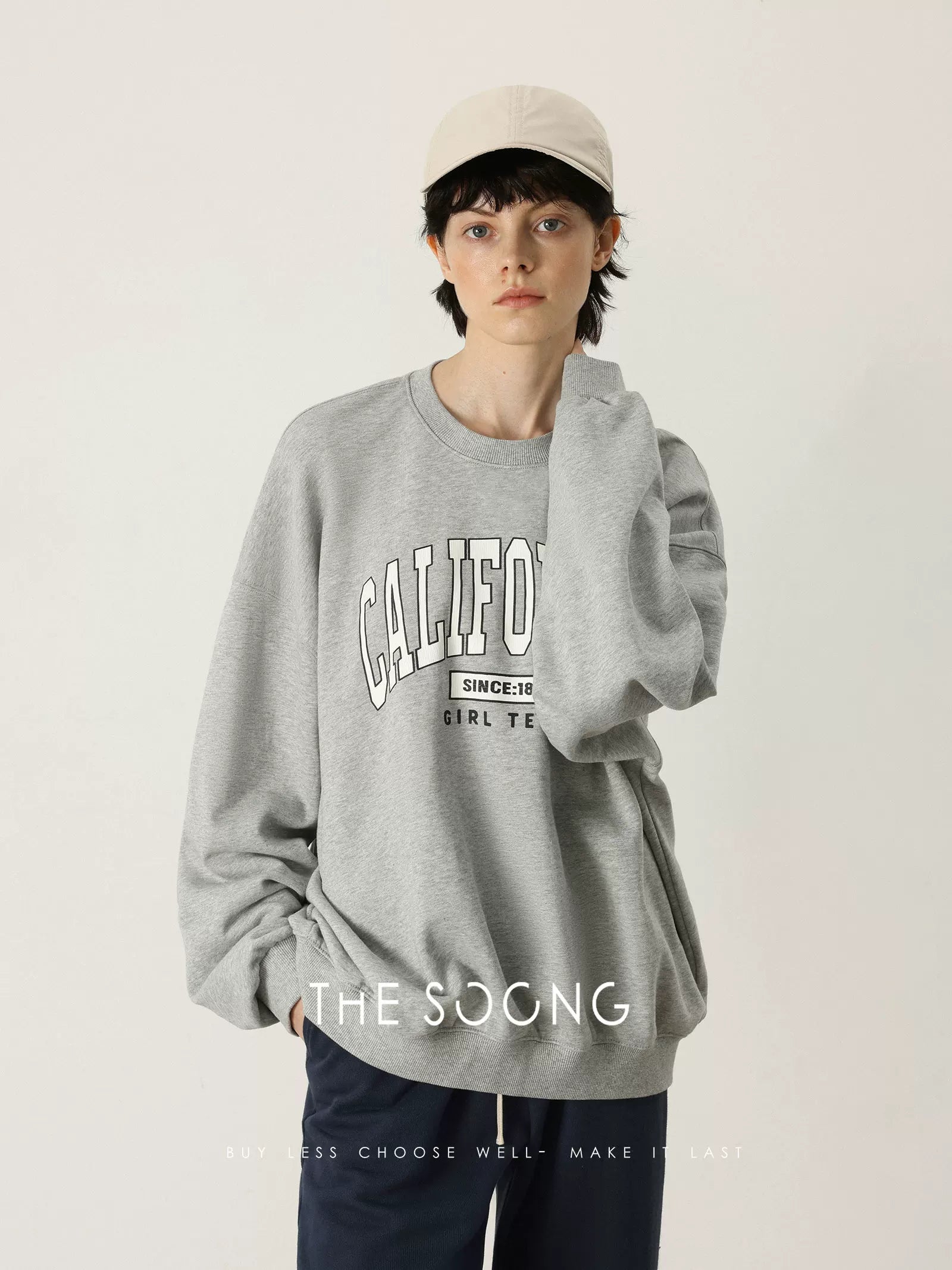 THESOONG/California Sweatshirt Classic 100% Pure Cotton Skin-Feel Loose Letter Print Crewneck Sweatshirt 7597
