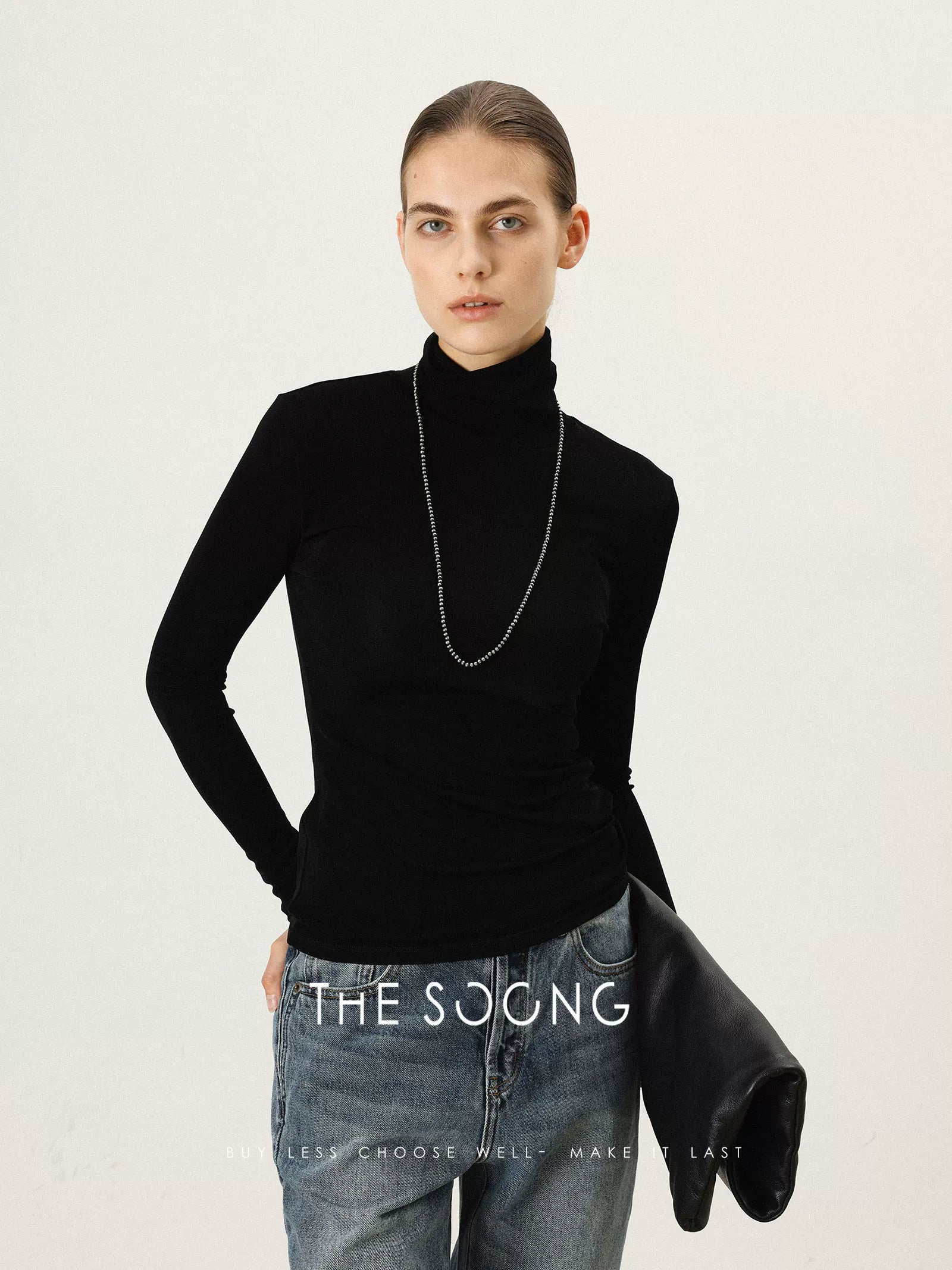 THESOONG/Classic Fashionable Acetate Soft Textured Black Turtleneck Slim Fit Base Top 7341