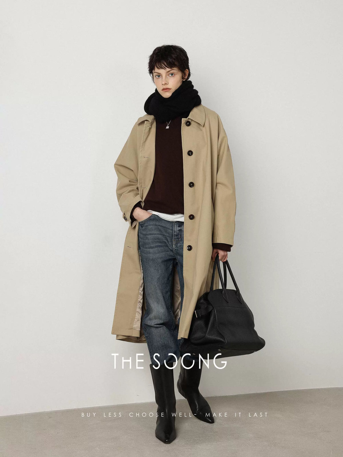THESOONG / Old Milan 365g Woven Fabric Long Trench Coat Simple Horn Button Khaki Coat