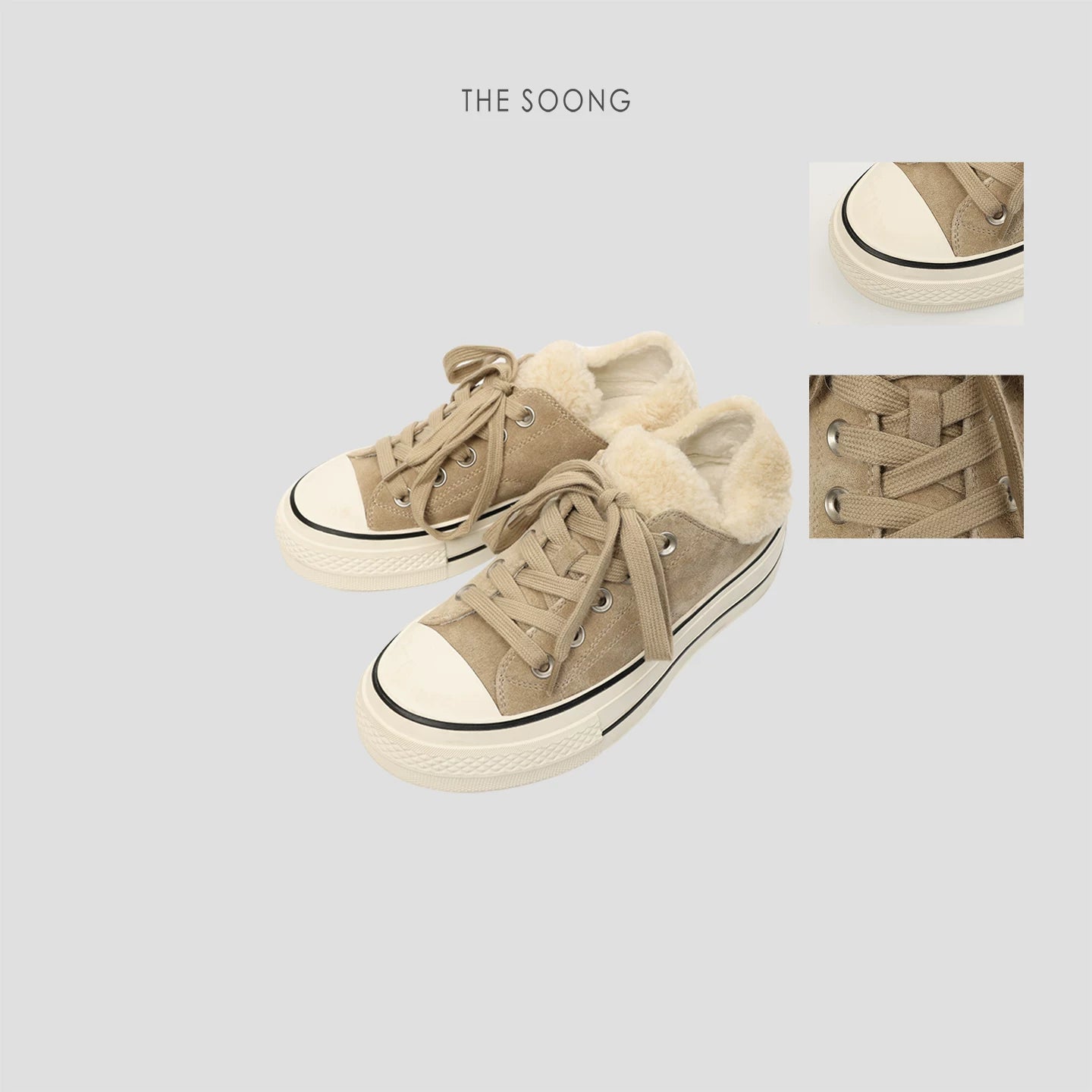 THESOONG/Furry canvas shoes classic washed calf suede wool lining versatile canvas shoes 8056