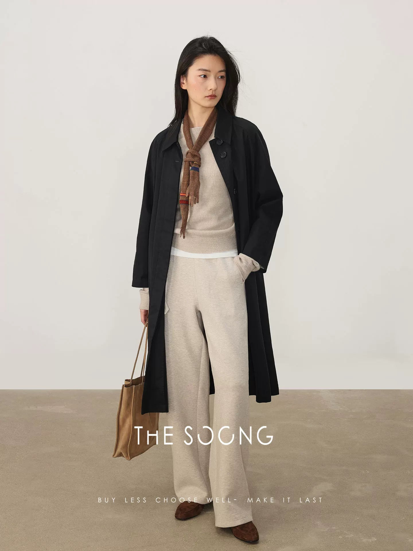 THESOONG/airport trench coat, heavily washed and softened twill pure cotton black autumn winter new trench coat for women