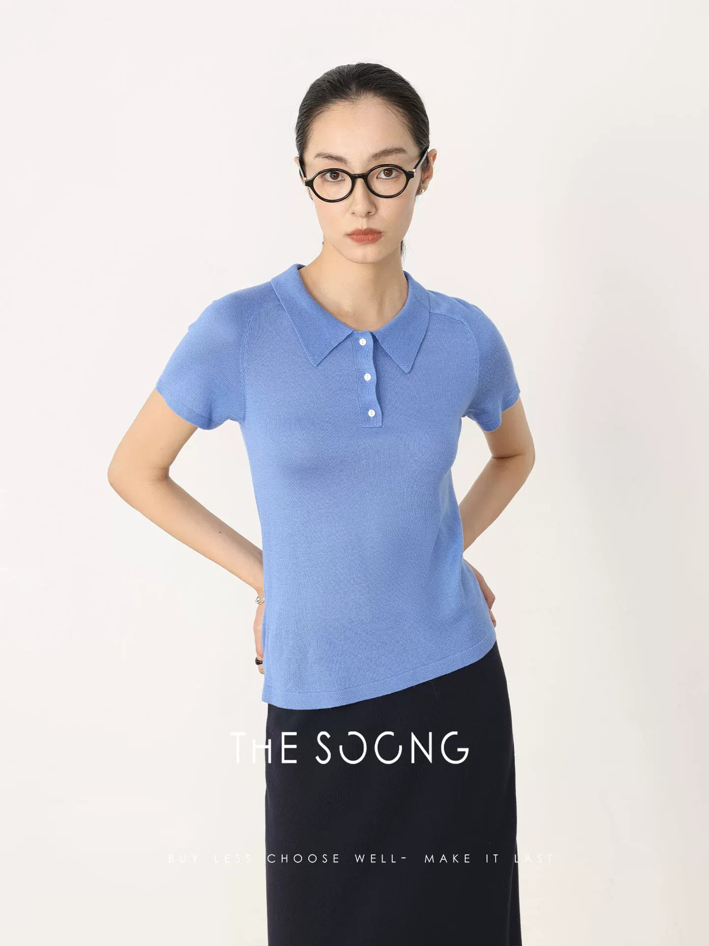 THESOONG/Blue Mood Henry Cashmere and Mulberry Silk Stretch Textured Short Sleeve Polo T-Shirt 6539
