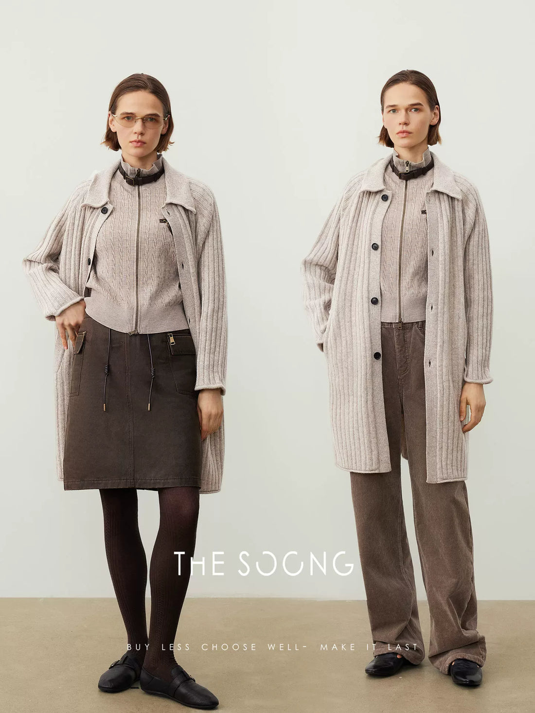 THESOONG/100% Basuran Wool Knit Long-Sleeve Cardigan Women's Mid-Length Trench Coat, Minimalist Outerwear 7526