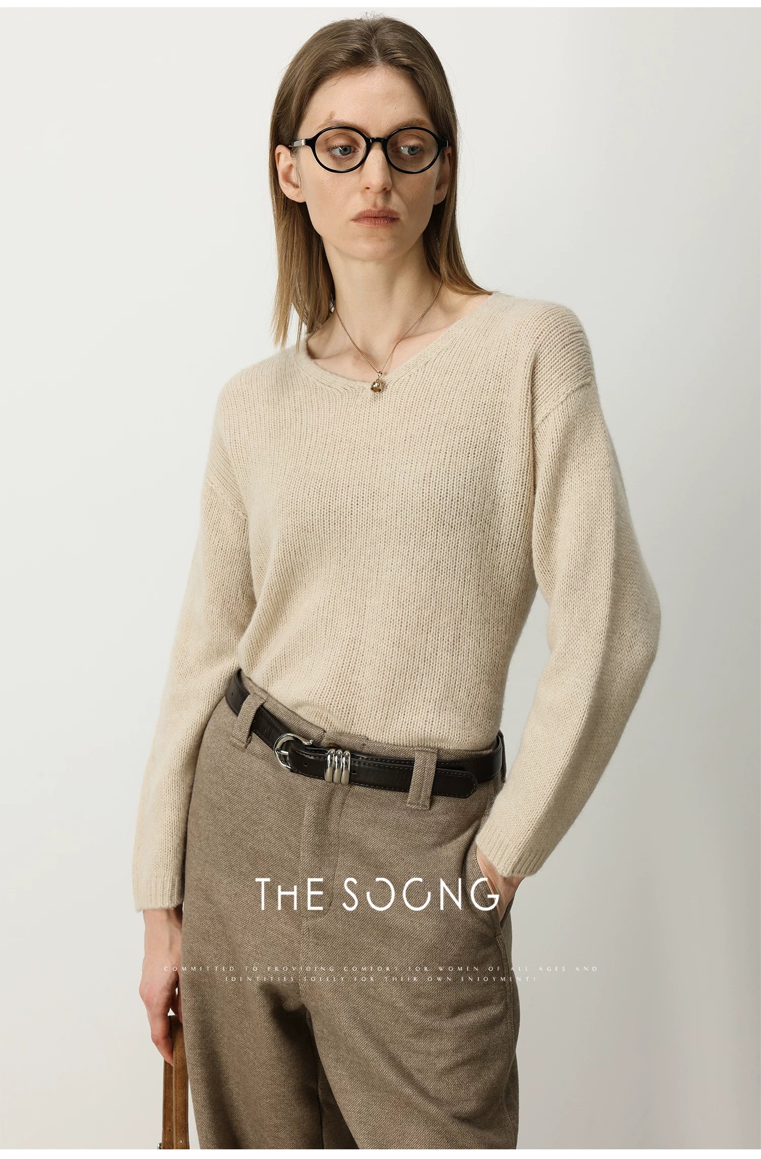 THESOONG/Selected Natural Yak Wool German Imported Seamless One-Piece Knitted Drop Shoulder Casual V-Neck Sweater for Women
