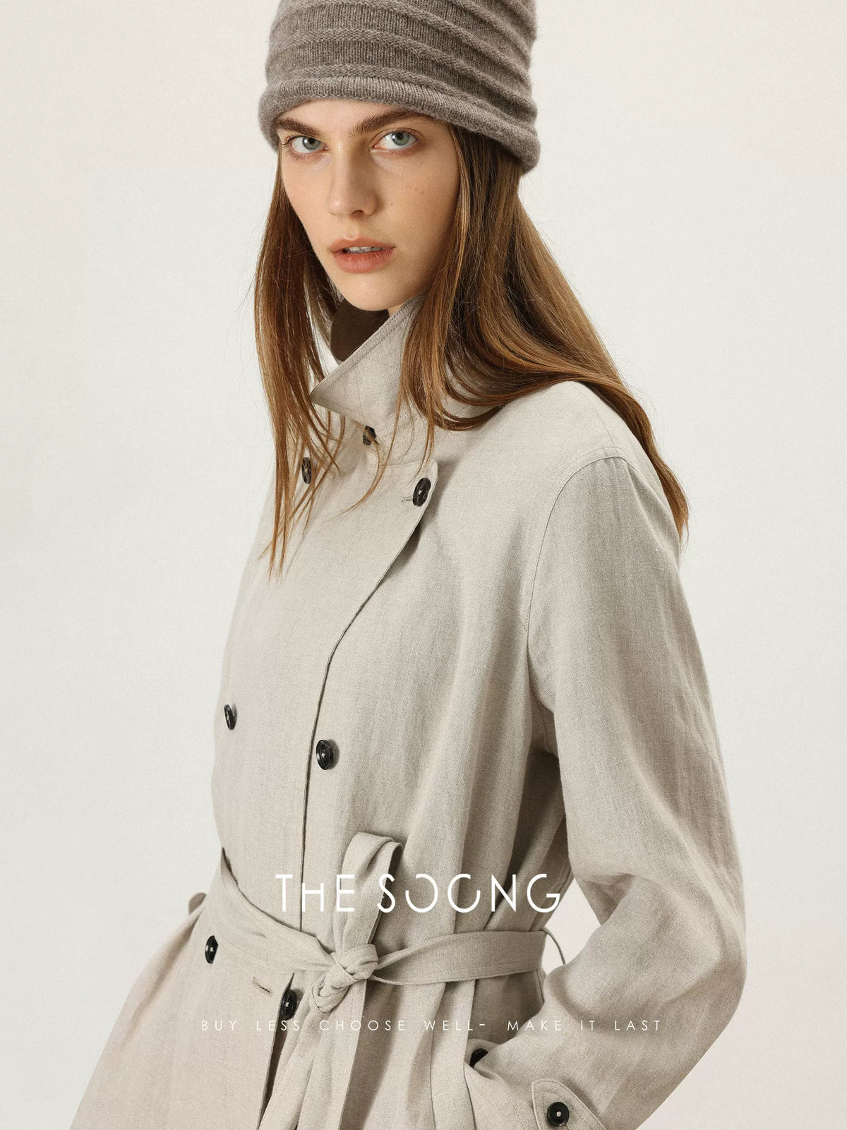 THESOONG/Elegant self-consistency pure natural linen quiet luxury skin-feel blazer-collar long trench coat for women 7193