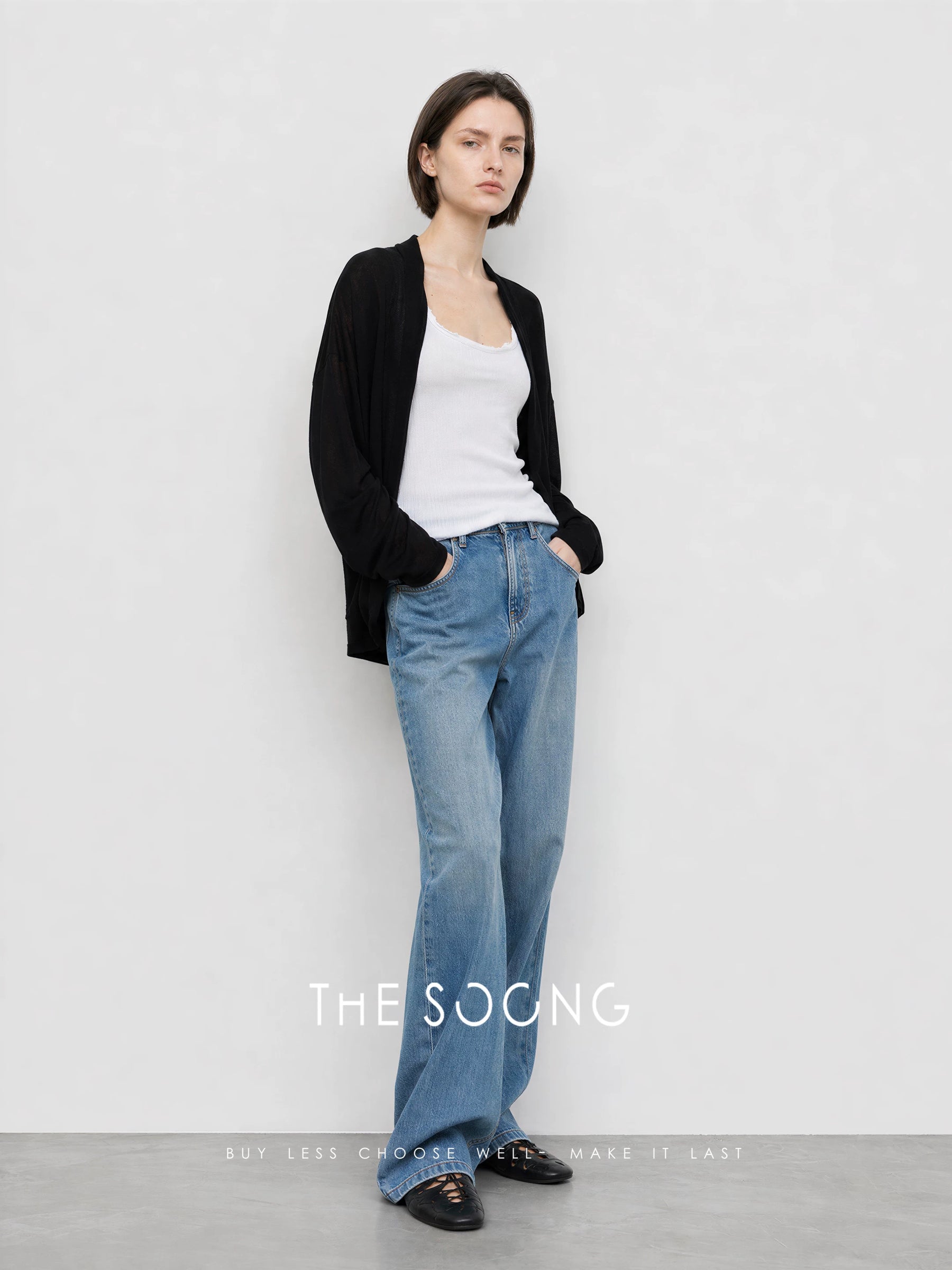 THESOONG/Soft Draped Collarless Knit Cardigan Women Lyocell Linen Thin Top HWCS9329