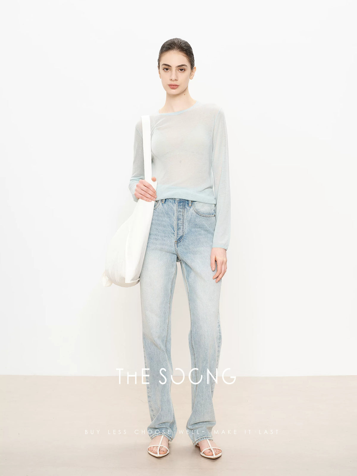 THESOONG / Classic Stonewashed Pants Retro Light Blue High-Waist Straight Slim Autumn Women’s Jeans