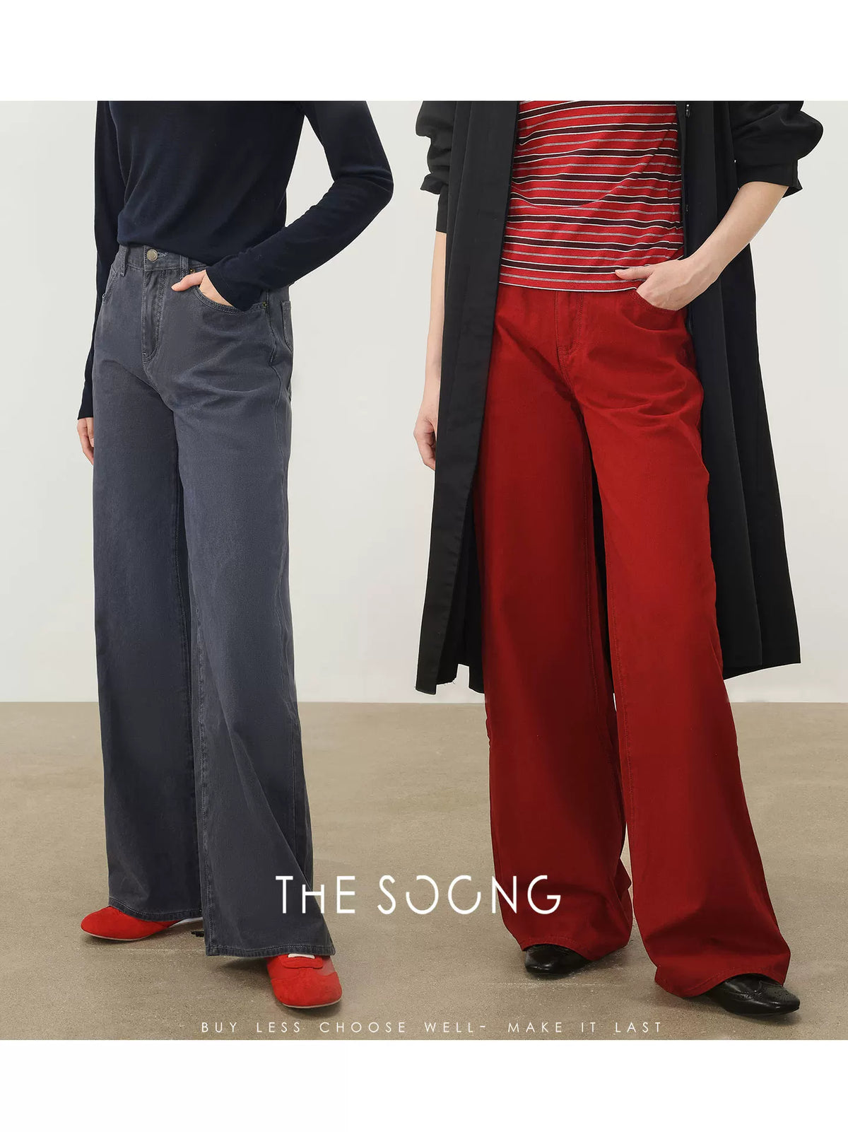 THESOONG/Pure Cotton Thin Straight-Leg Jeans for Women, Atmospheric Red High-Waisted Slimming HBNZ6859