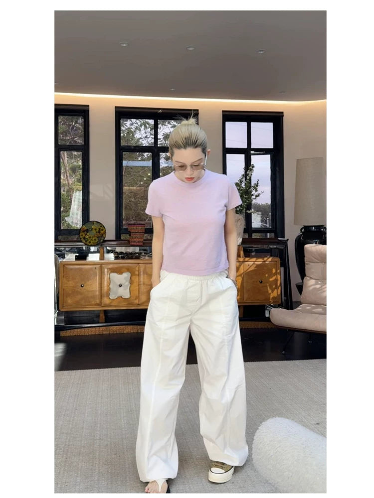 THESOONG/ Cloud pants, 100% pure cotton, minimalist comfortable drape, elastic mid-rise wide-leg casual pants 7555