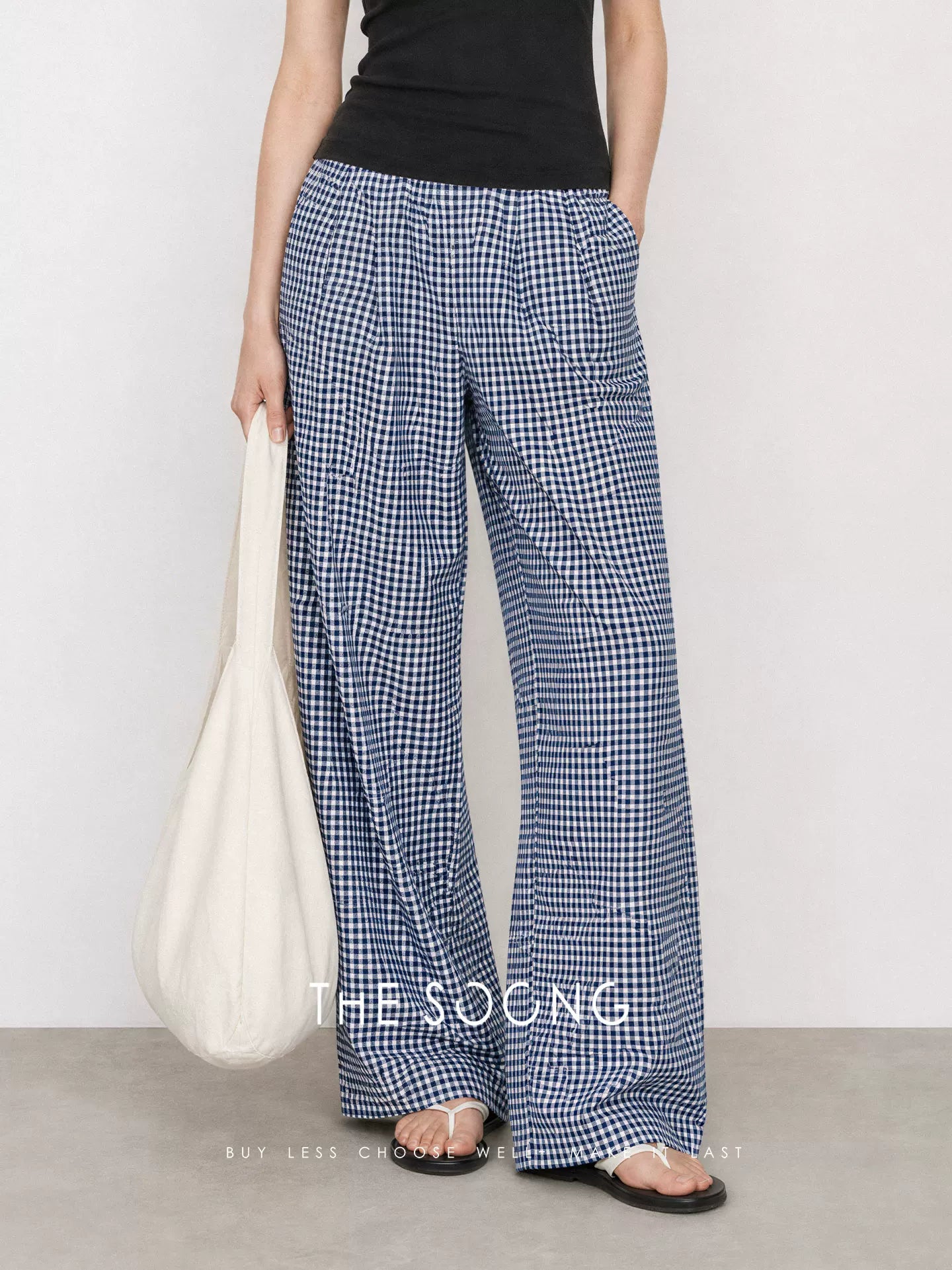 THESOONG / Vintage Texture Japanese Original Silk Cotton Washed Plaid Wide-Leg Casual Pants for Women 9158