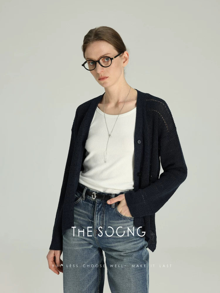 THESOONG/Leisure Time, Lyocell Hollow Ribbed V-Neck Dropped Shoulder Cardigan Jacket 6487