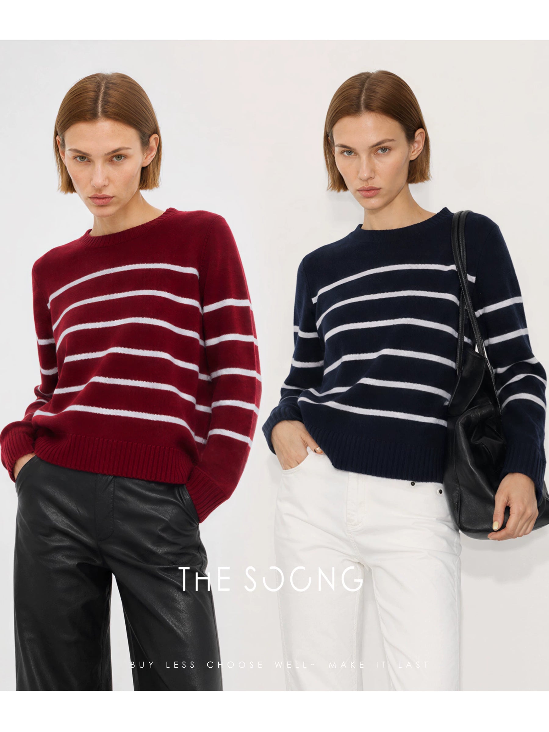 THESOONG/Hai Xu Sweater Consinee 100% Cashmere Thick Striped Crew Neck Sweater for Women 8982