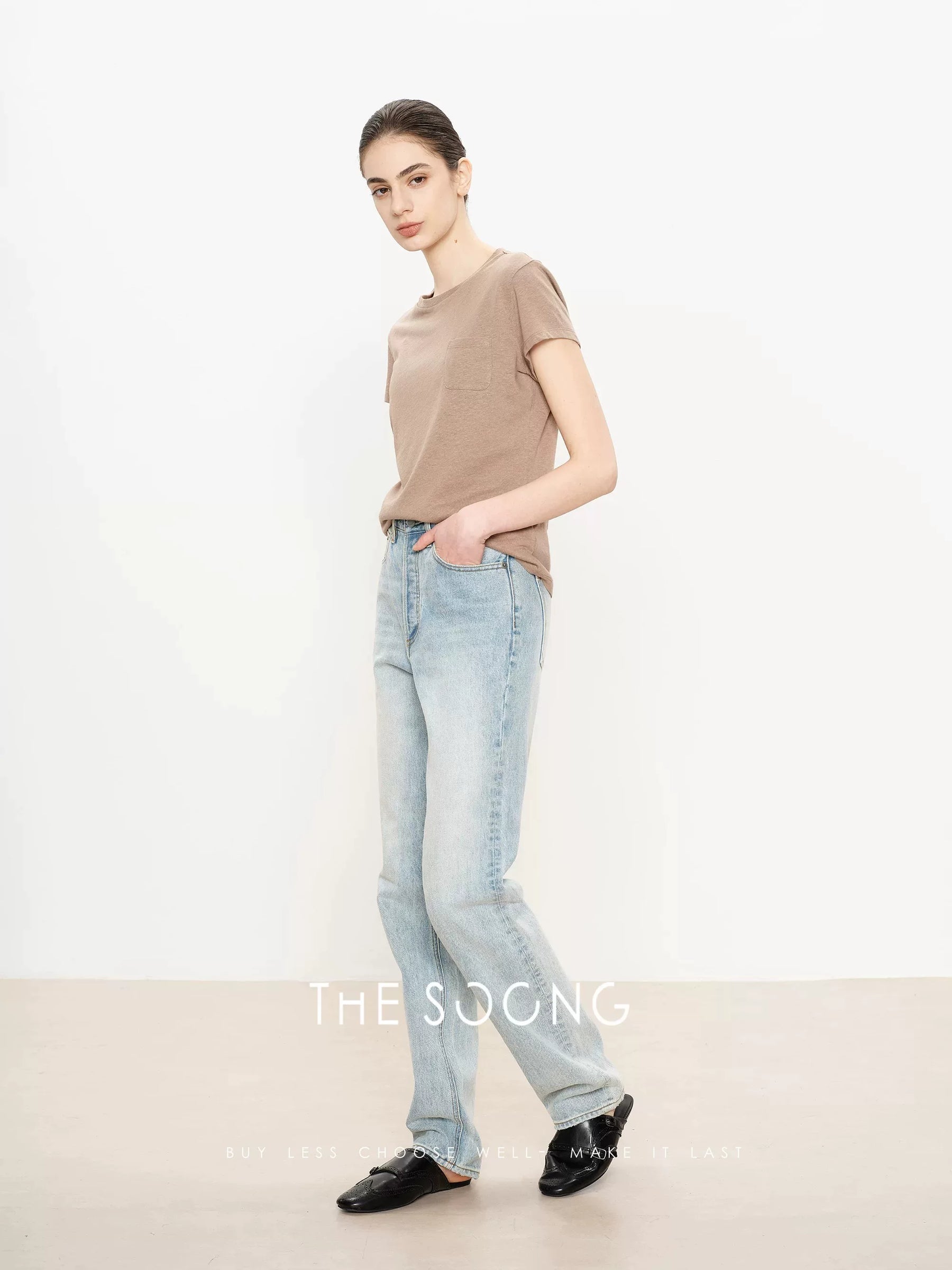 THESOONG / Classic Stonewashed Pants Retro Light Blue High-Waist Straight Slim Autumn Women’s Jeans
