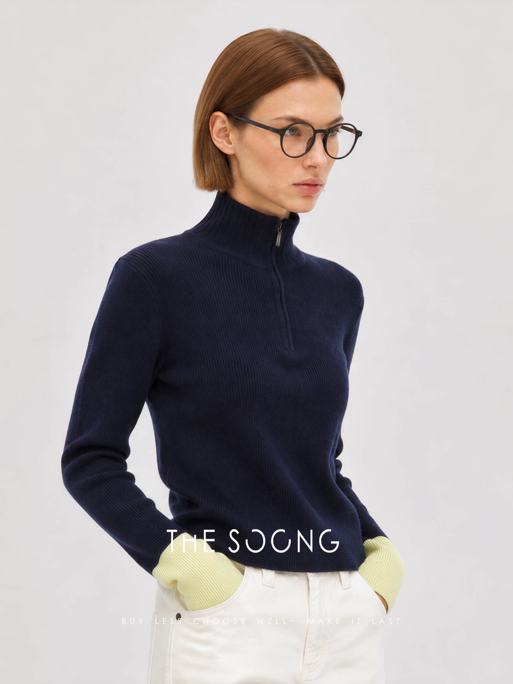 THESOONG / Early autumn new 100% merino wool 12G double-strand ribbed half-zip stand collar sweater 8985