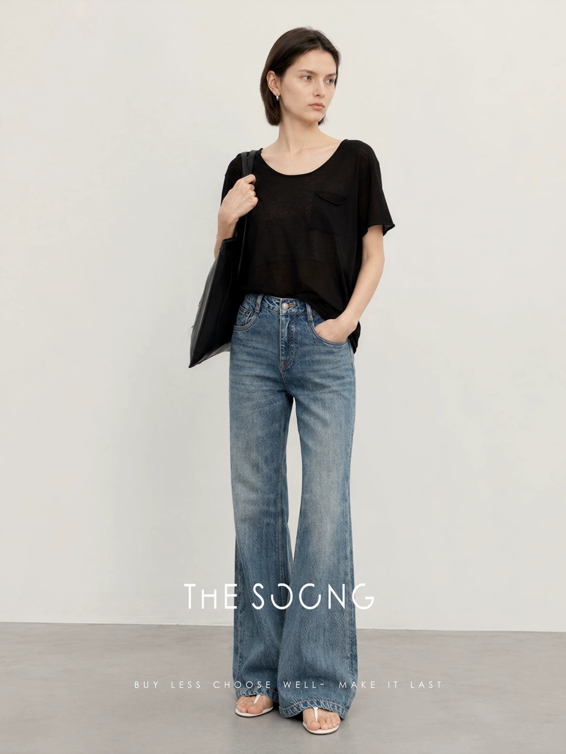 THESOONG/Classic Enzyme Washed Hand-Rubbed Cat Whisker Non-Stretch Mid-Waist Flared Jeans for Women 7325