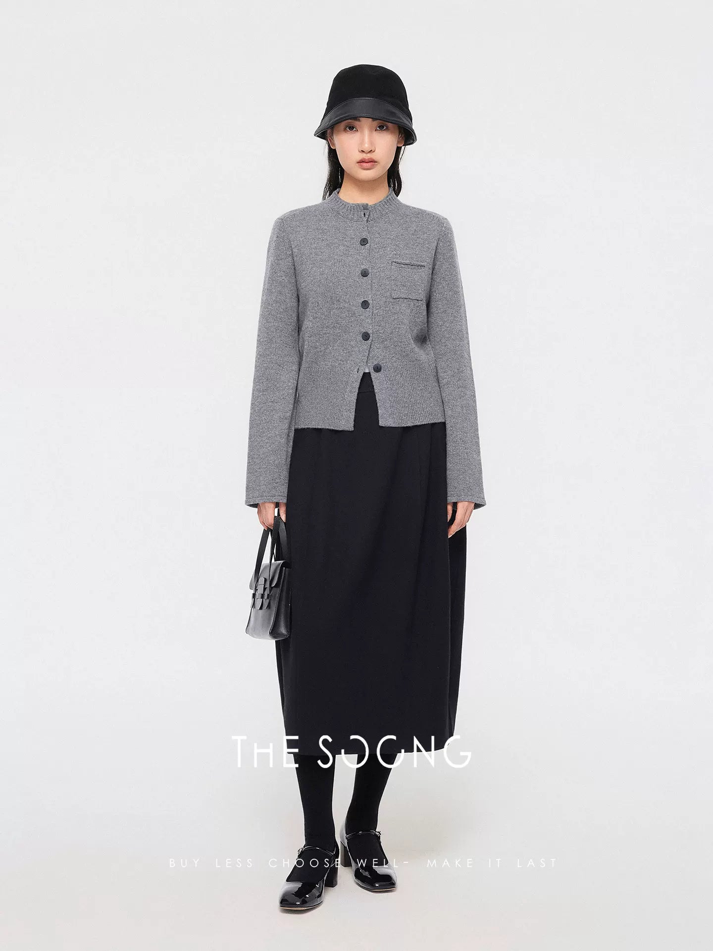 THESOONG/Autumn and Winter 100% Wool Elastic Waist Slightly Stretch Thickened Mid-Length Waist-Drawstring Balloon Skirt 7856