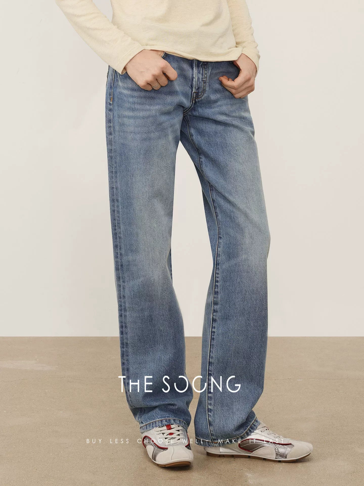 THESOONG/Spring new pure cotton low-rise buttoned non-stretch straight jeans with belt for women 7631